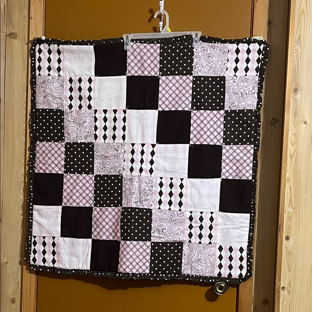 Patchwork Quilted Throw in Pink and Brown. Lap or crib size.